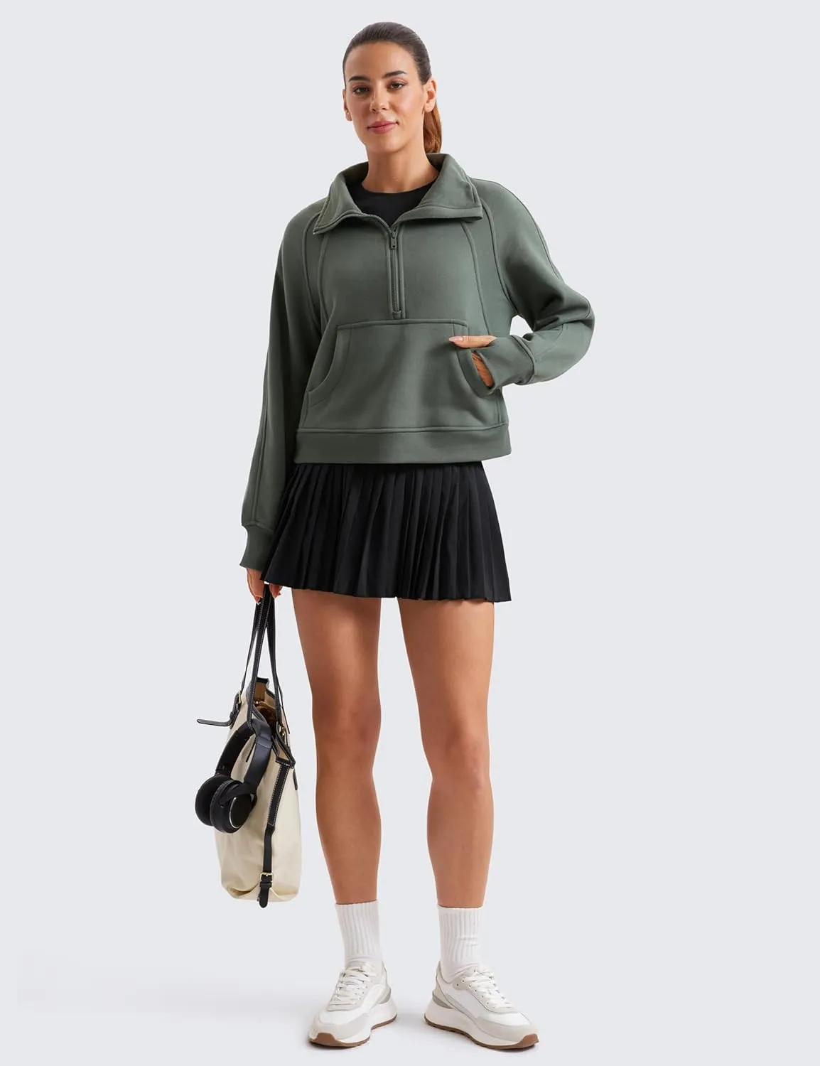 CRZ YOGA Womens Fleece Lined Half Zipper Sweatshirts Funnel Neck Long Sleeve Oversized Pullover Hoodies with Thumb Holes