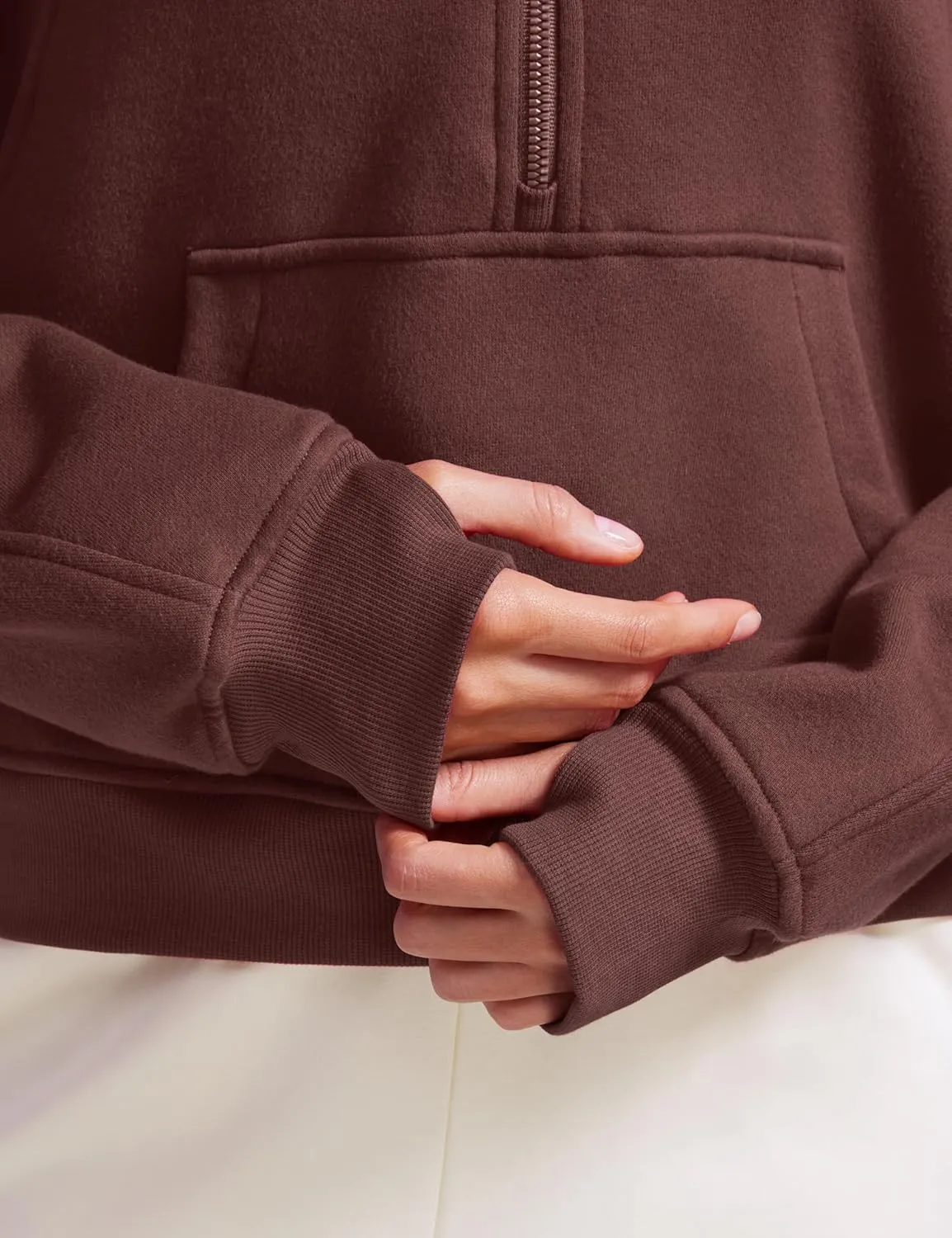 CRZ YOGA Womens Fleece Lined Half Zipper Sweatshirts Funnel Neck Long Sleeve Oversized Pullover Hoodies with Thumb Holes