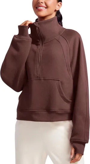 CRZ YOGA Womens Fleece Lined Half Zipper Sweatshirts Funnel Neck Long Sleeve Oversized Pullover Hoodies with Thumb Holes