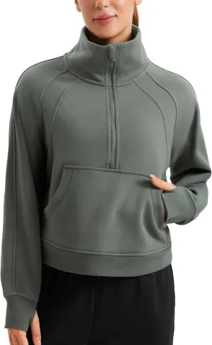 CRZ YOGA Womens Fleece Lined Half Zipper Sweatshirts Funnel Neck Long Sleeve Oversized Pullover Hoodies with Thumb Holes