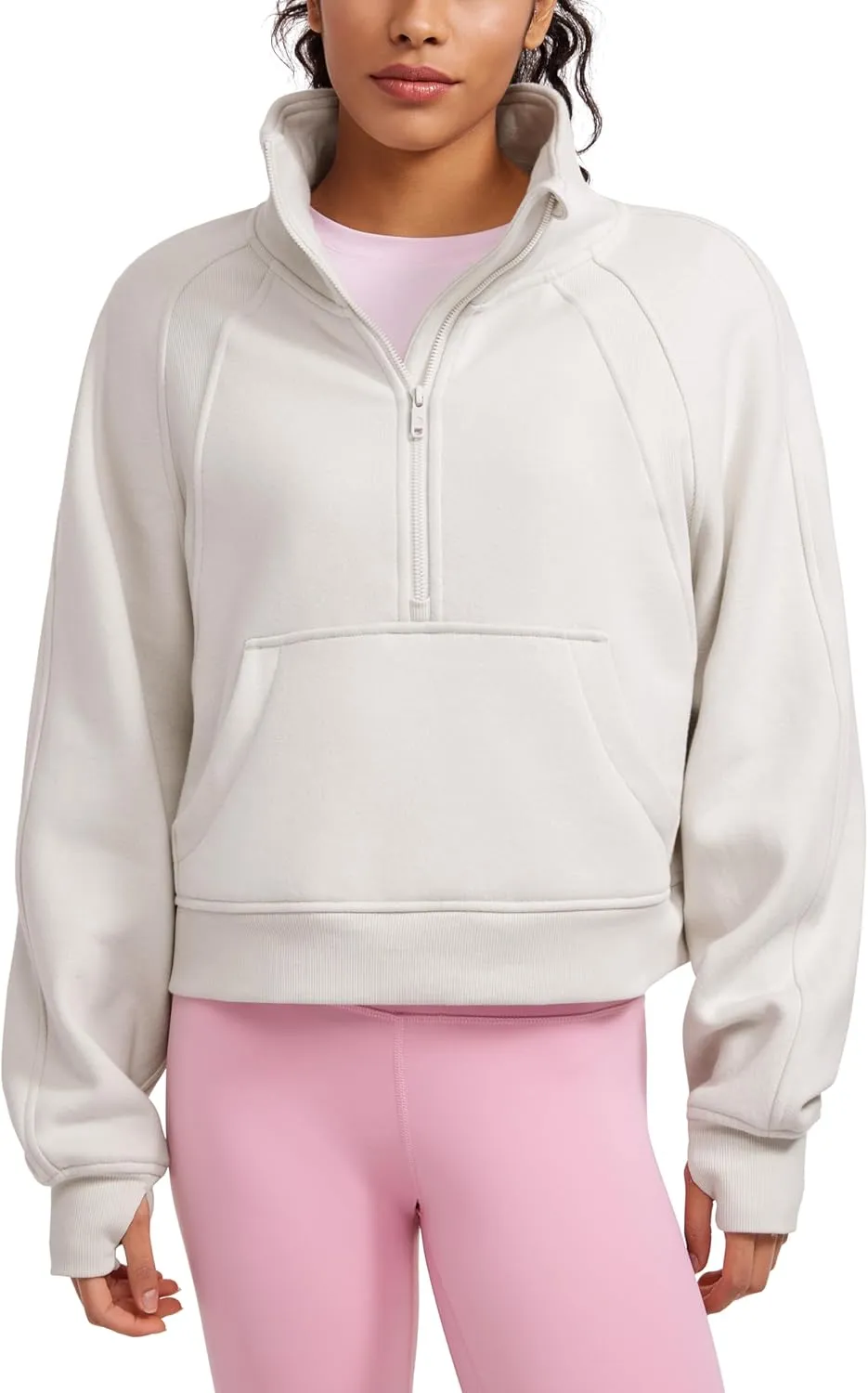 CRZ YOGA Womens Fleece Lined Half Zipper Sweatshirts Funnel Neck Long Sleeve Oversized Pullover Hoodies with Thumb Holes
