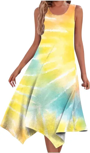Day 2024 Women's Hankerchief Hem Maxi Tank Dresses Summer Sleeveless Crew Neck Sundress Casual Ruffle A-Line Boho Dress Beach Dress Yellow XL