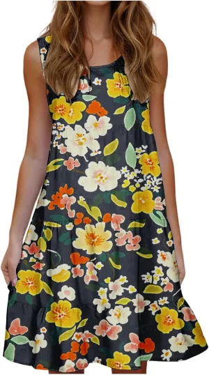 DDAPJ pyju Summer Dresses for Women 2025 Cute Floral Print Sleeveless Tank Dress Ruffle Tiered Loose Flowy Mini Dress
