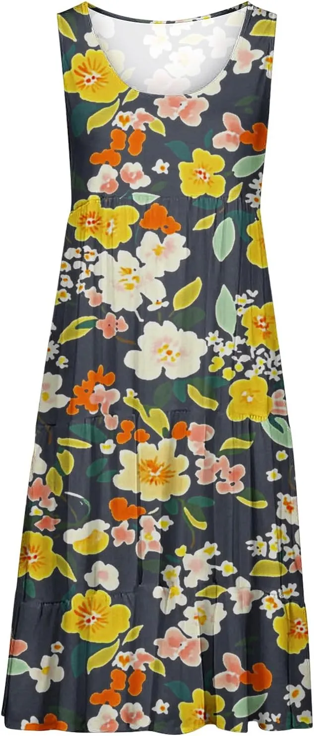 DDAPJ pyju Summer Dresses for Women 2025 Cute Floral Print Sleeveless Tank Dress Ruffle Tiered Loose Flowy Mini Dress
