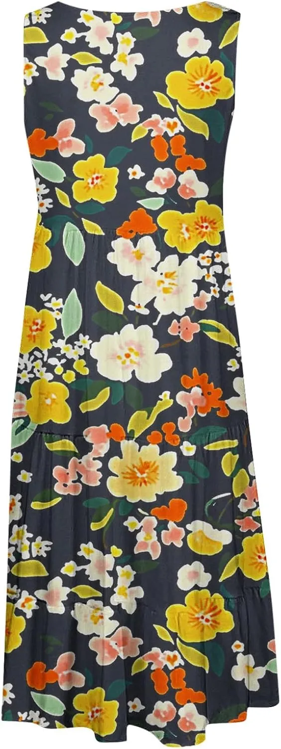 DDAPJ pyju Summer Dresses for Women 2025 Cute Floral Print Sleeveless Tank Dress Ruffle Tiered Loose Flowy Mini Dress