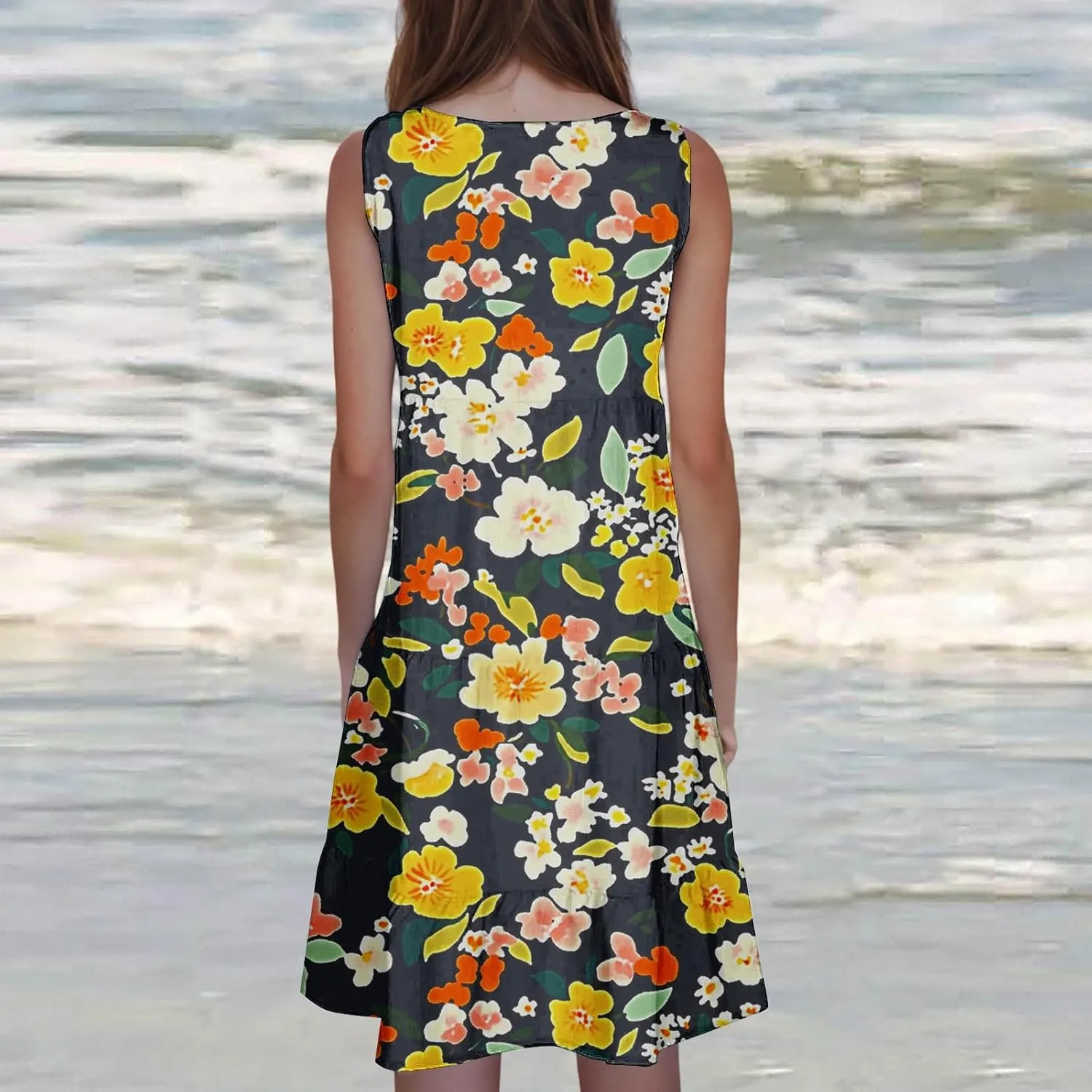 DDAPJ pyju Summer Dresses for Women 2025 Cute Floral Print Sleeveless Tank Dress Ruffle Tiered Loose Flowy Mini Dress
