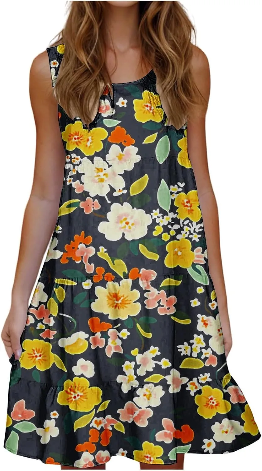 DDAPJ pyju Summer Dresses for Women 2025 Cute Floral Print Sleeveless Tank Dress Ruffle Tiered Loose Flowy Mini Dress