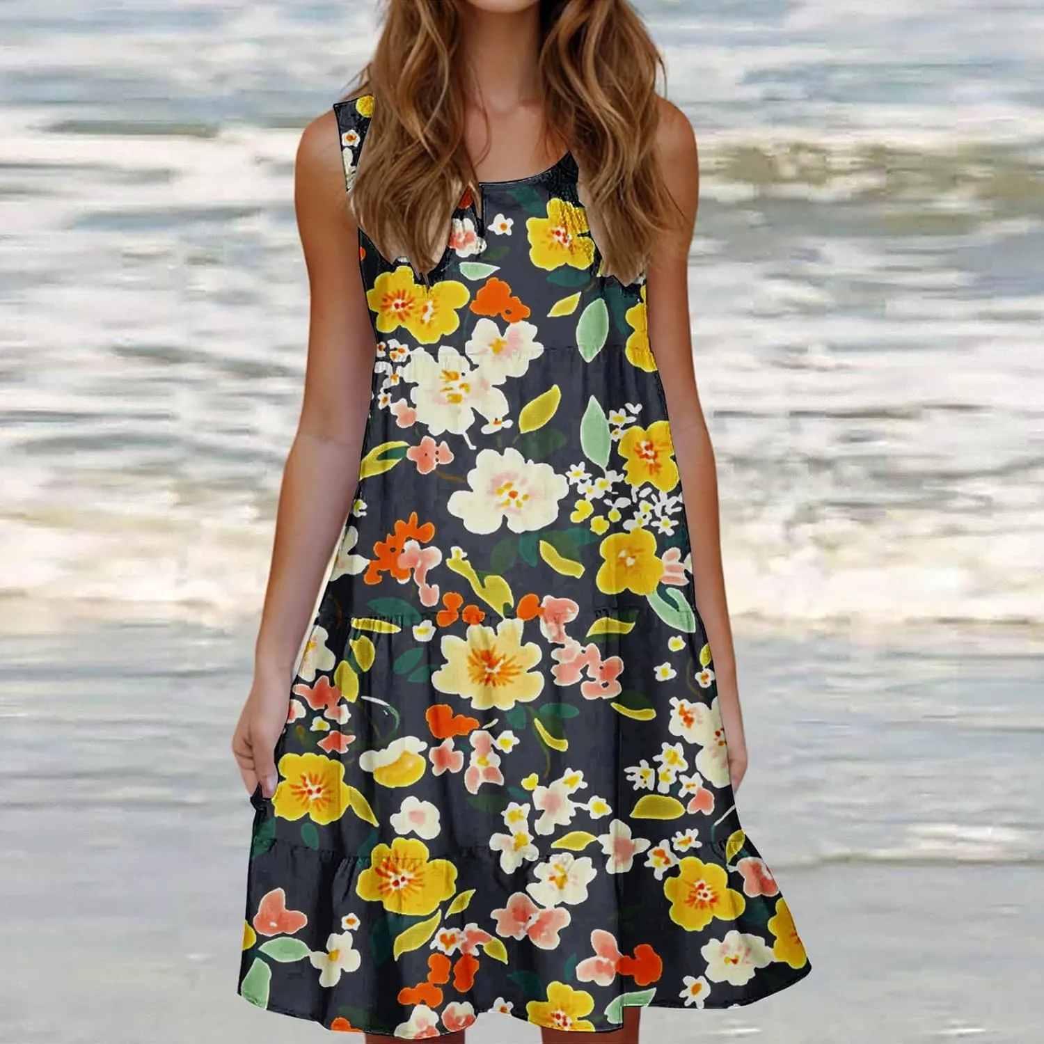 DDAPJ pyju Summer Dresses for Women 2025 Cute Floral Print Sleeveless Tank Dress Ruffle Tiered Loose Flowy Mini Dress