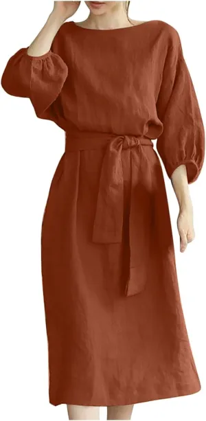 DDAPJ pyju Summer Midi Dresses for Women Plus Size Casual Half Sleeve Belted Crewneck Tshirt Dress Plain Beach Travel Dress