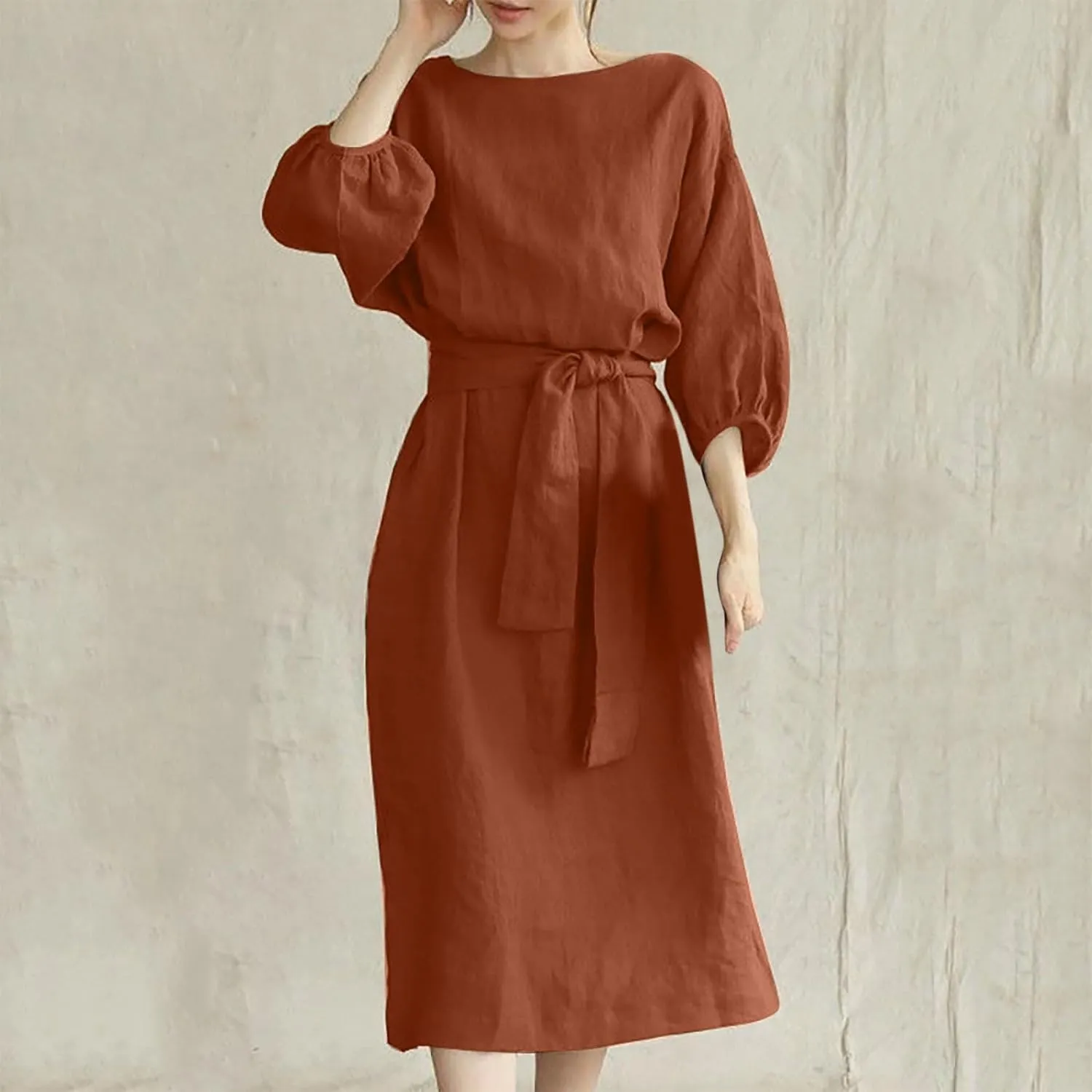 DDAPJ pyju Summer Midi Dresses for Women Plus Size Casual Half Sleeve Belted Crewneck Tshirt Dress Plain Beach Travel Dress