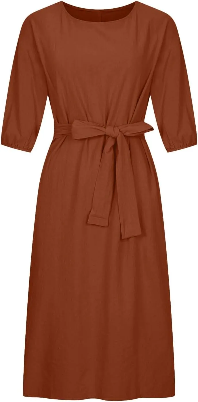 DDAPJ pyju Summer Midi Dresses for Women Plus Size Casual Half Sleeve Belted Crewneck Tshirt Dress Plain Beach Travel Dress