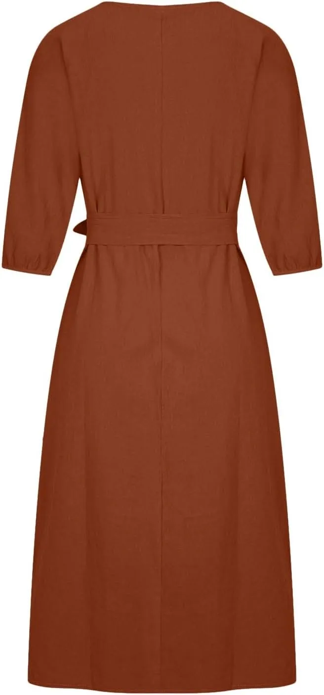 DDAPJ pyju Summer Midi Dresses for Women Plus Size Casual Half Sleeve Belted Crewneck Tshirt Dress Plain Beach Travel Dress