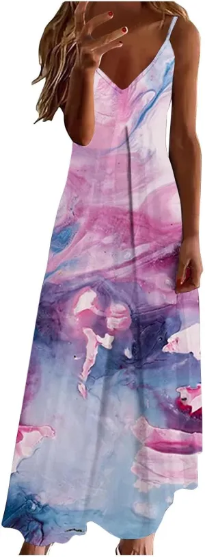 Deals of The Day Clearance Prime Women's Summer Spaghetti Strap Elegant Long Dresses Plus Size Vacation Flowy Beach Dress Loose Floor Length Dress Boho Dresses for Women 2024 Purple 3X