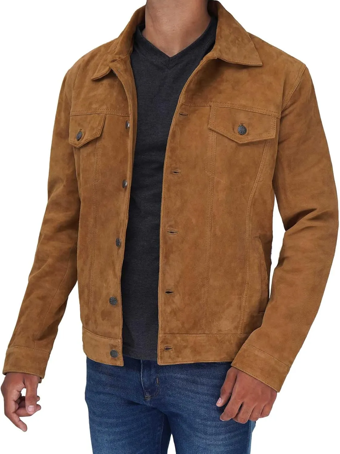 Decrum Leather Suede Jacket Men  Real Lambskin Vintage Style Suede Trucker Jacket Men