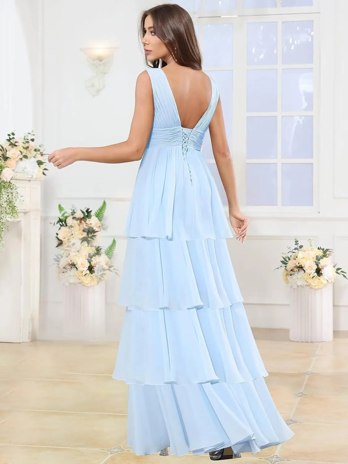 Deep V Neck Prom Dresses for Women Chiffon Tiered Bridesmaid Formal Evening Dress