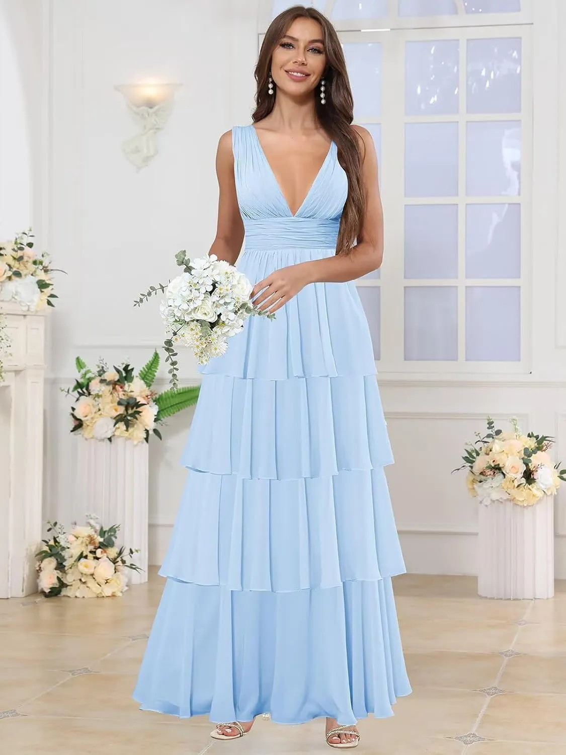 Deep V Neck Prom Dresses for Women Chiffon Tiered Bridesmaid Formal Evening Dress