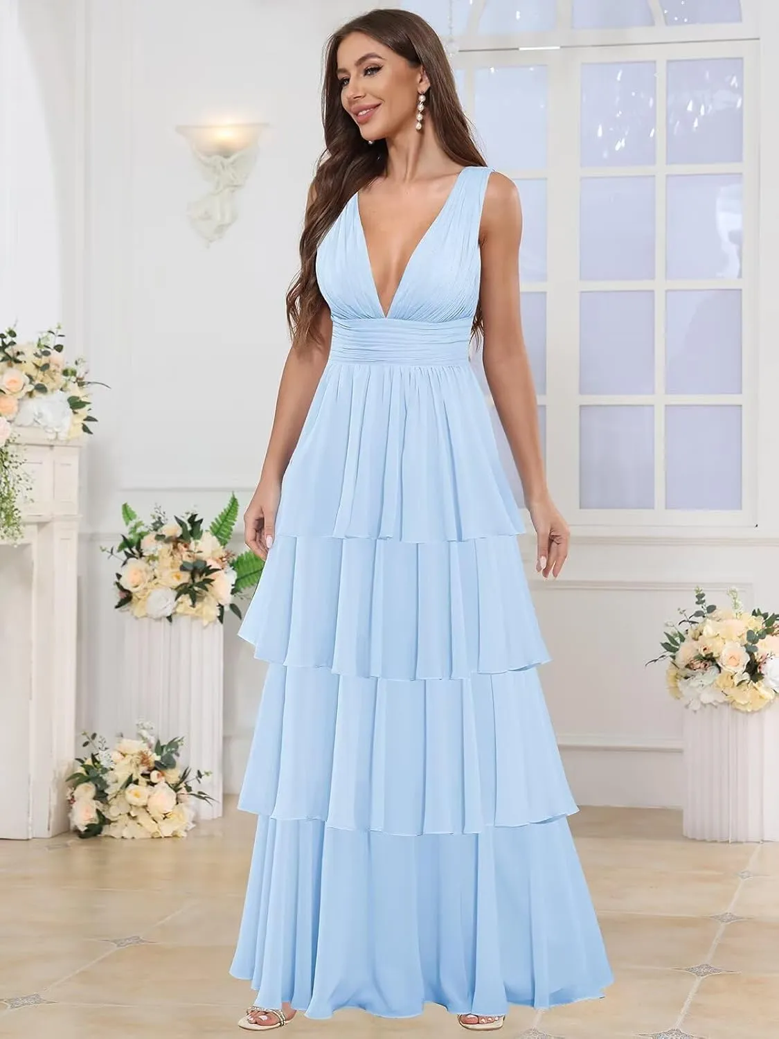 Deep V Neck Prom Dresses for Women Chiffon Tiered Bridesmaid Formal Evening Dress