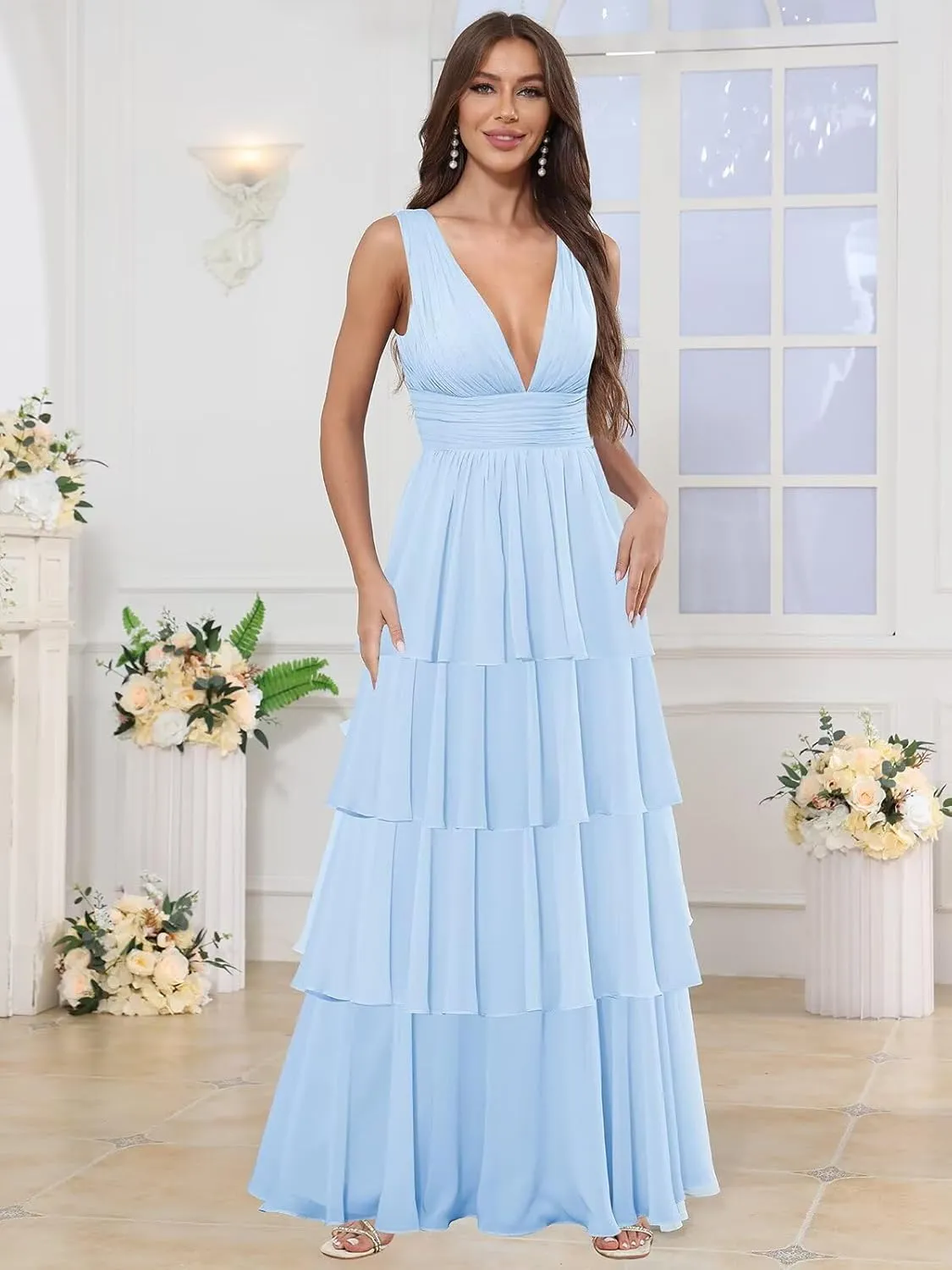 Deep V Neck Prom Dresses for Women Chiffon Tiered Bridesmaid Formal Evening Dress