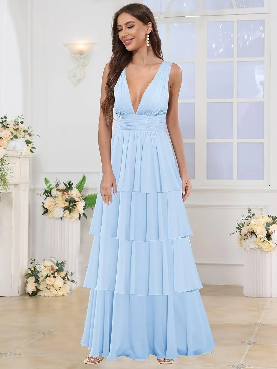 Deep V Neck Prom Dresses for Women Chiffon Tiered Bridesmaid Formal Evening Dress