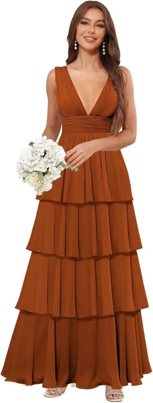 Deep V Neck Prom Dresses for Women Chiffon Tiered Bridesmaid Formal Evening Dress