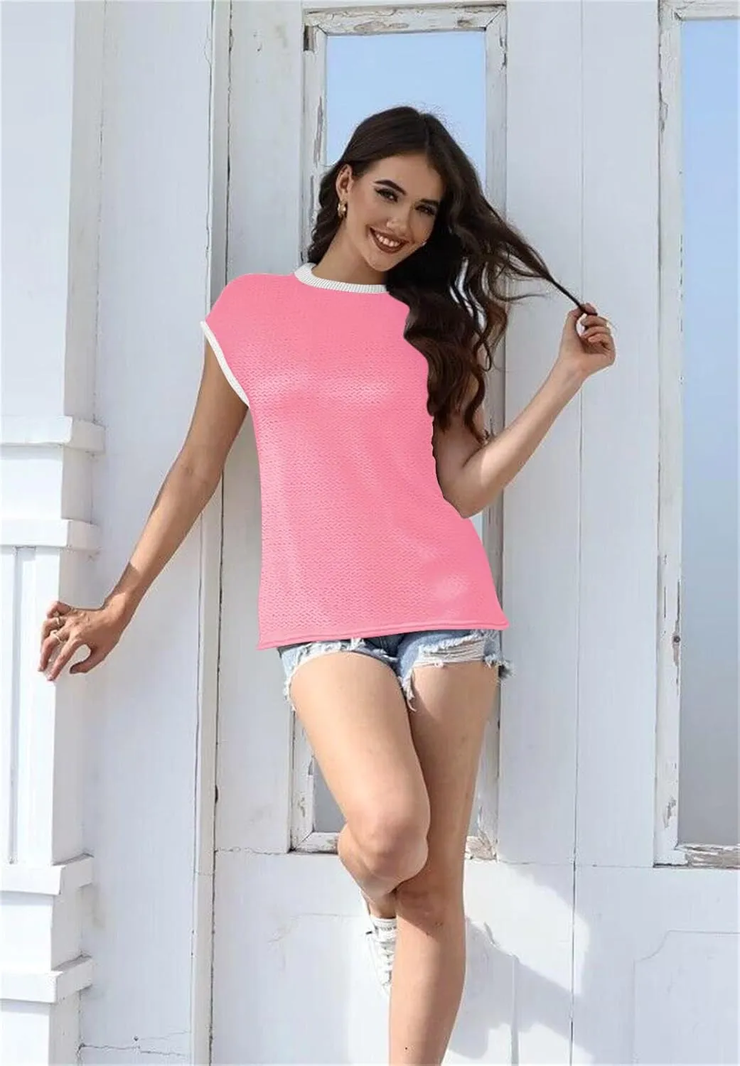 Disamer Cap Sleeve Knit Sweater Tops Sleeveless Vest 2025 Spring Clothes Oversized Summer Tank Trendy Short Sleeve T Shirts