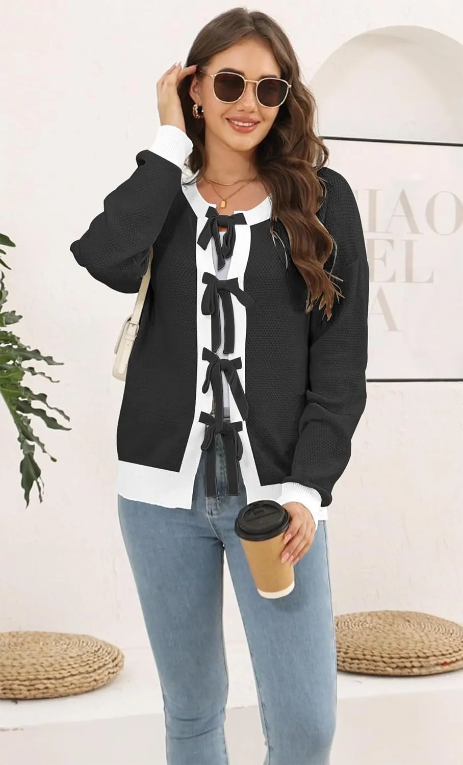 Disamer Women's 2025 Knit Cardigan Sweaters Fall Clothes Long Sleeve Fashion Casual Y2k Tie Open Front Cropped Jackets