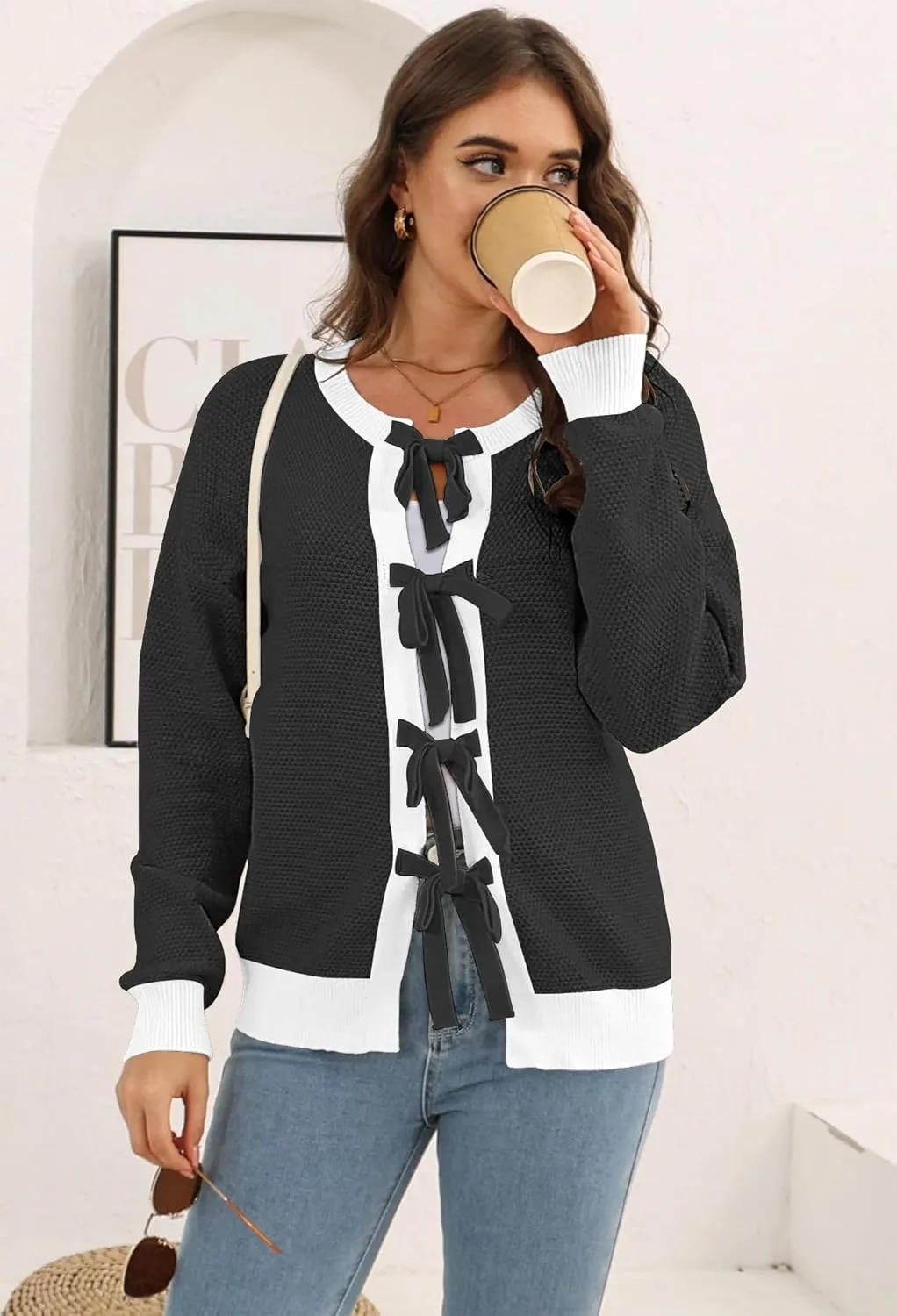 Disamer Women's 2025 Knit Cardigan Sweaters Fall Clothes Long Sleeve Fashion Casual Y2k Tie Open Front Cropped Jackets