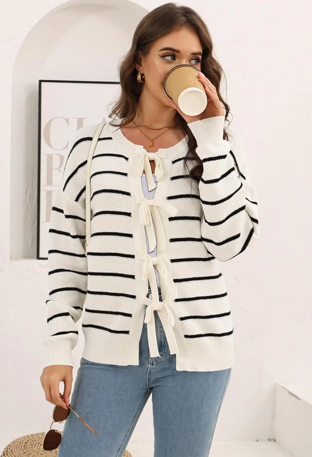 Disamer Women's 2025 Knit Cardigan Sweaters Fall Clothes Long Sleeve Fashion Casual Y2k Tie Open Front Cropped Jackets