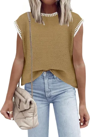 Disamer Womens Short Sleeve Sweater Tops Spring Summer Shirts 2025 Striped Pullover Cap Sleeve Knit Sleeveless Vest