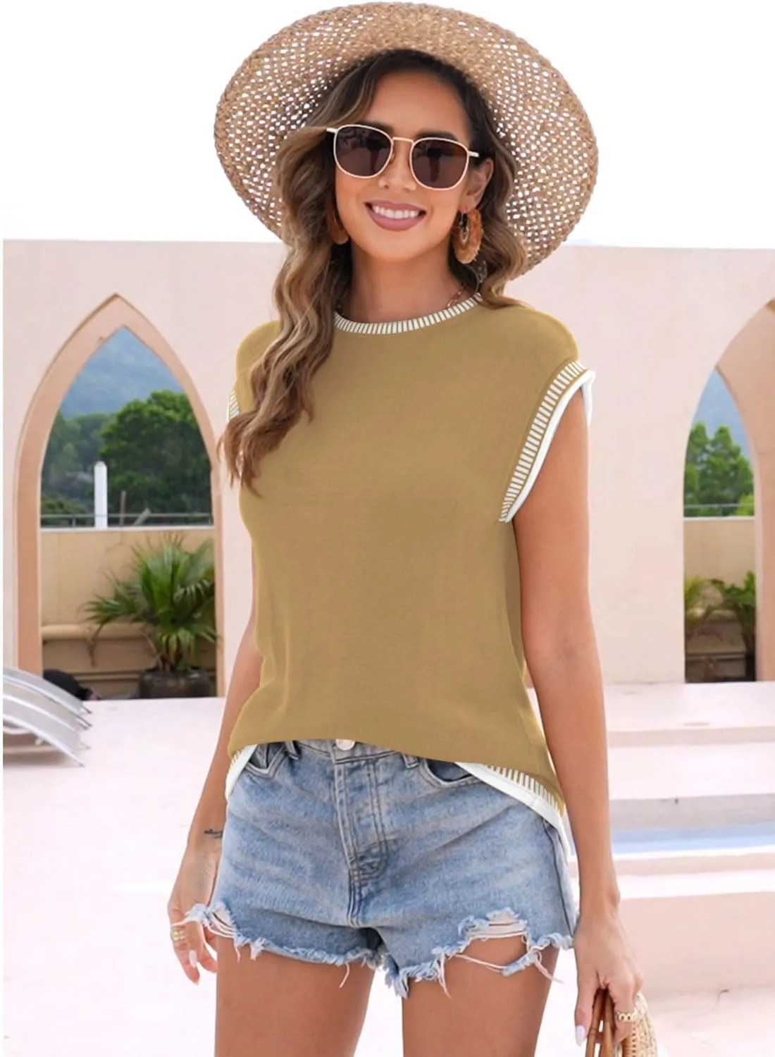 Disamer Womens Short Sleeve Sweater Tops Spring Summer Shirts 2025 Striped Pullover Cap Sleeve Knit Sleeveless Vest
