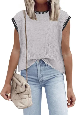 Disamer Womens Short Sleeve Sweater Tops Spring Summer Shirts 2025 Striped Pullover Cap Sleeve Knit Sleeveless Vest