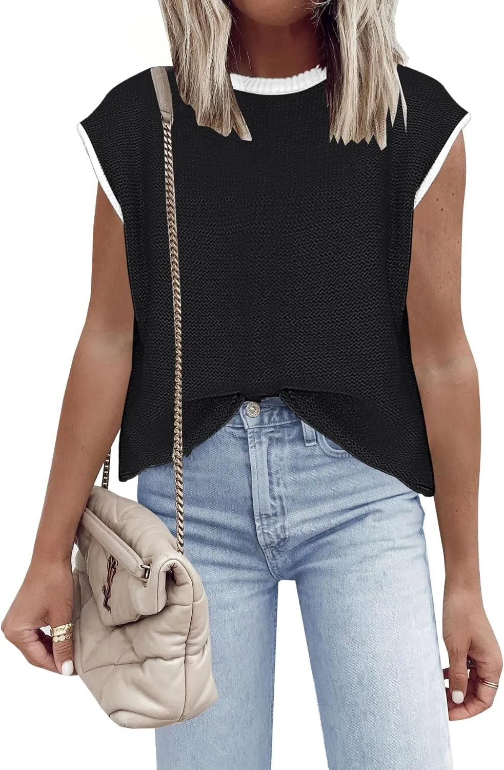 Disamer Womens Short Sleeve Sweater Tops Spring Summer Shirts 2025 Striped Pullover Cap Sleeve Knit Sleeveless Vest