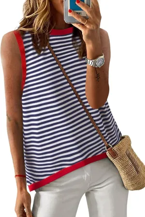 Dokotoo Womens Summer Tops 2025 Casual Striped Color Block High Neck Tank Top Loose Knit High Low Sleeveless Shirts Blouses