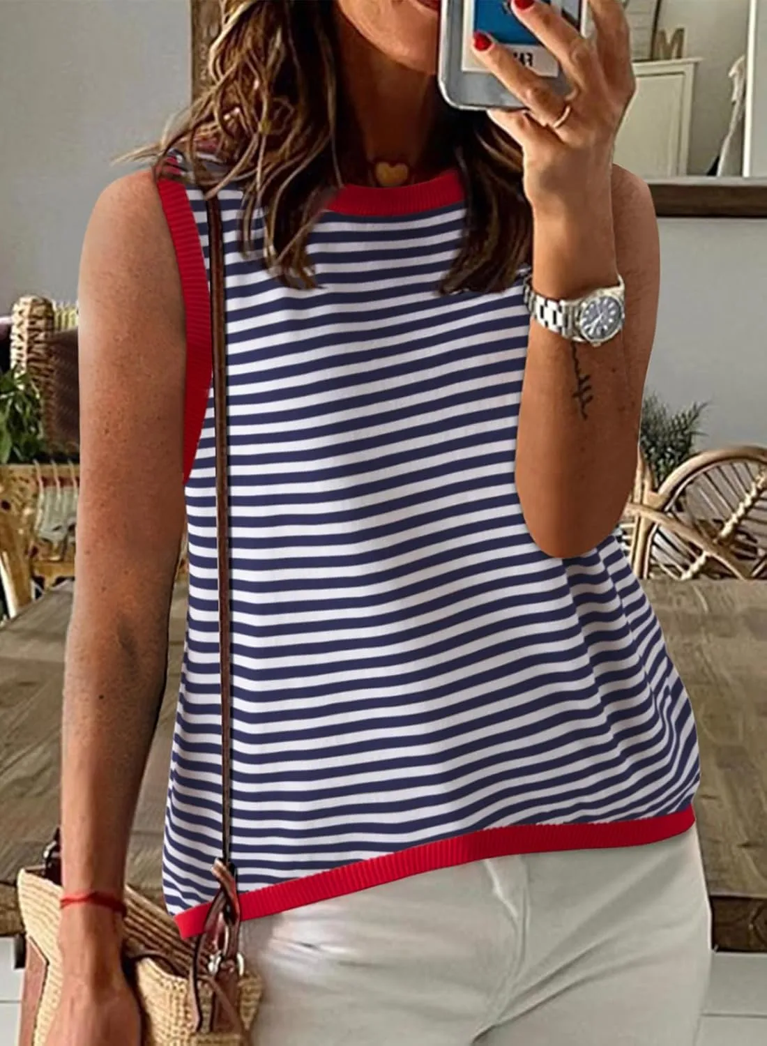 Dokotoo Womens Summer Tops 2025 Casual Striped Color Block High Neck Tank Top Loose Knit High Low Sleeveless Shirts Blouses