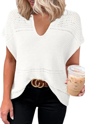 Dokotoo Womens Tops 2025 Summer Spring Casual V Neck Short Sleeve Sweater Crochet Tops Casual Dressy Blouses