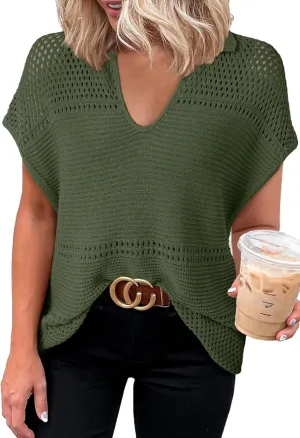 Dokotoo Womens Tops 2025 Summer Spring Casual V Neck Short Sleeve Sweater Crochet Tops Casual Dressy Blouses