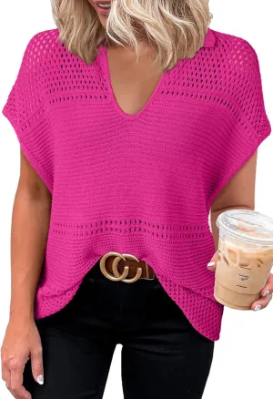 Dokotoo Womens Tops 2025 Summer Spring Casual V Neck Short Sleeve Sweater Crochet Tops Casual Dressy Blouses