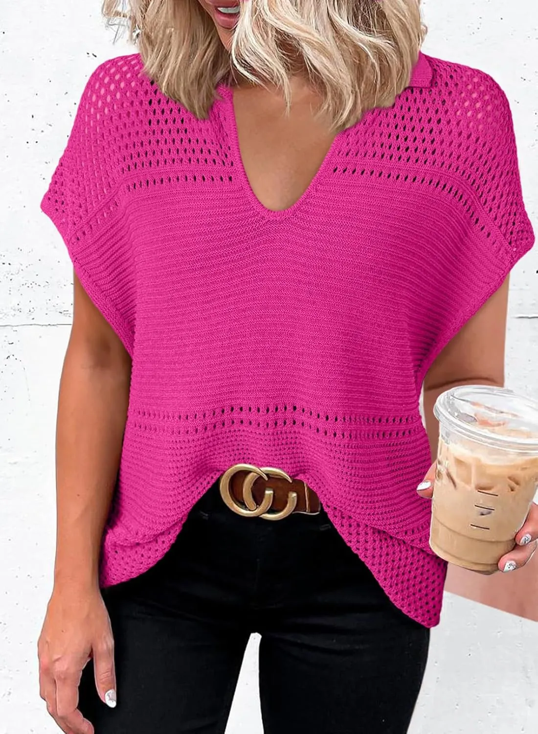 Dokotoo Womens Tops 2025 Summer Spring Casual V Neck Short Sleeve Sweater Crochet Tops Casual Dressy Blouses