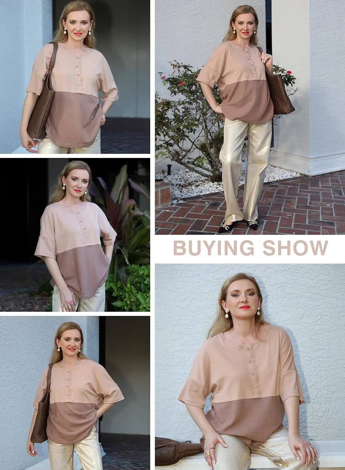 Dokotoo Womens Waffle Knit Tops 2025 Fashion 3/4 Sleeve Casual Button Down Shirts Crew Neck Oversized Patchwork Blouses