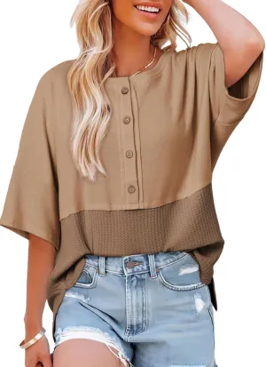 Dokotoo Womens Waffle Knit Tops 2025 Fashion 3/4 Sleeve Casual Button Down Shirts Crew Neck Oversized Patchwork Blouses