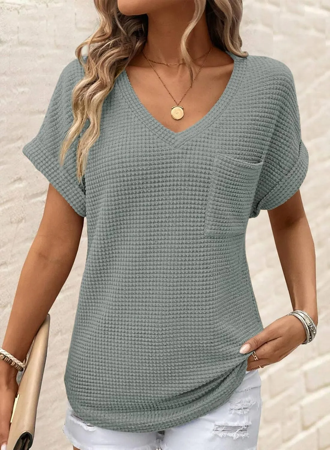 Dokotoo Womens Waffle Knit Tops 2025 Spring Summer V Neck Shirts Casual Trendy Women's Blouses Basic Tee