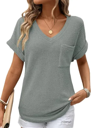 Dokotoo Womens Waffle Knit Tops 2025 Spring Summer V Neck Shirts Casual Trendy Women's Blouses Basic Tee