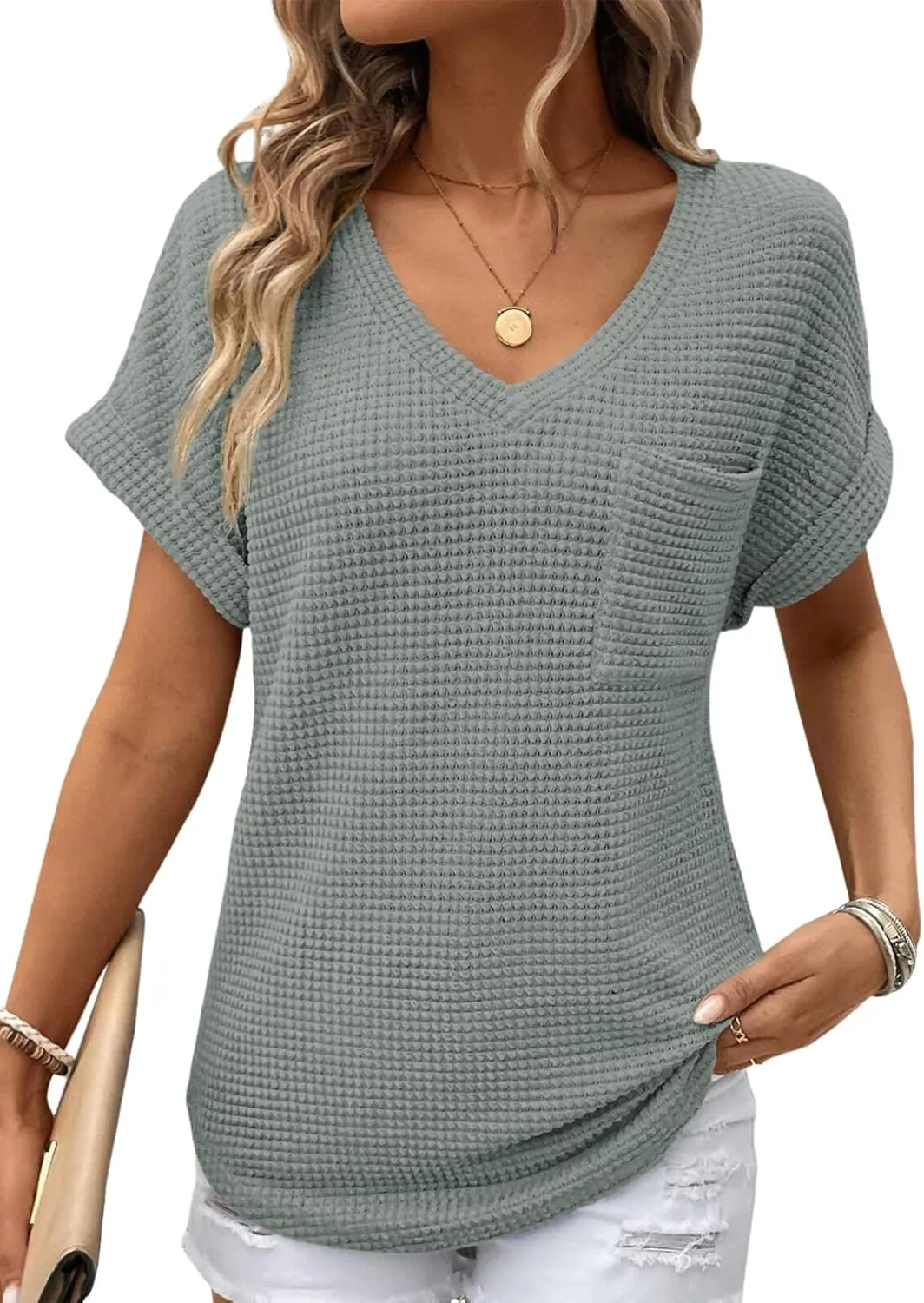 Dokotoo Womens Waffle Knit Tops 2025 Spring Summer V Neck Shirts Casual Trendy Women's Blouses Basic Tee