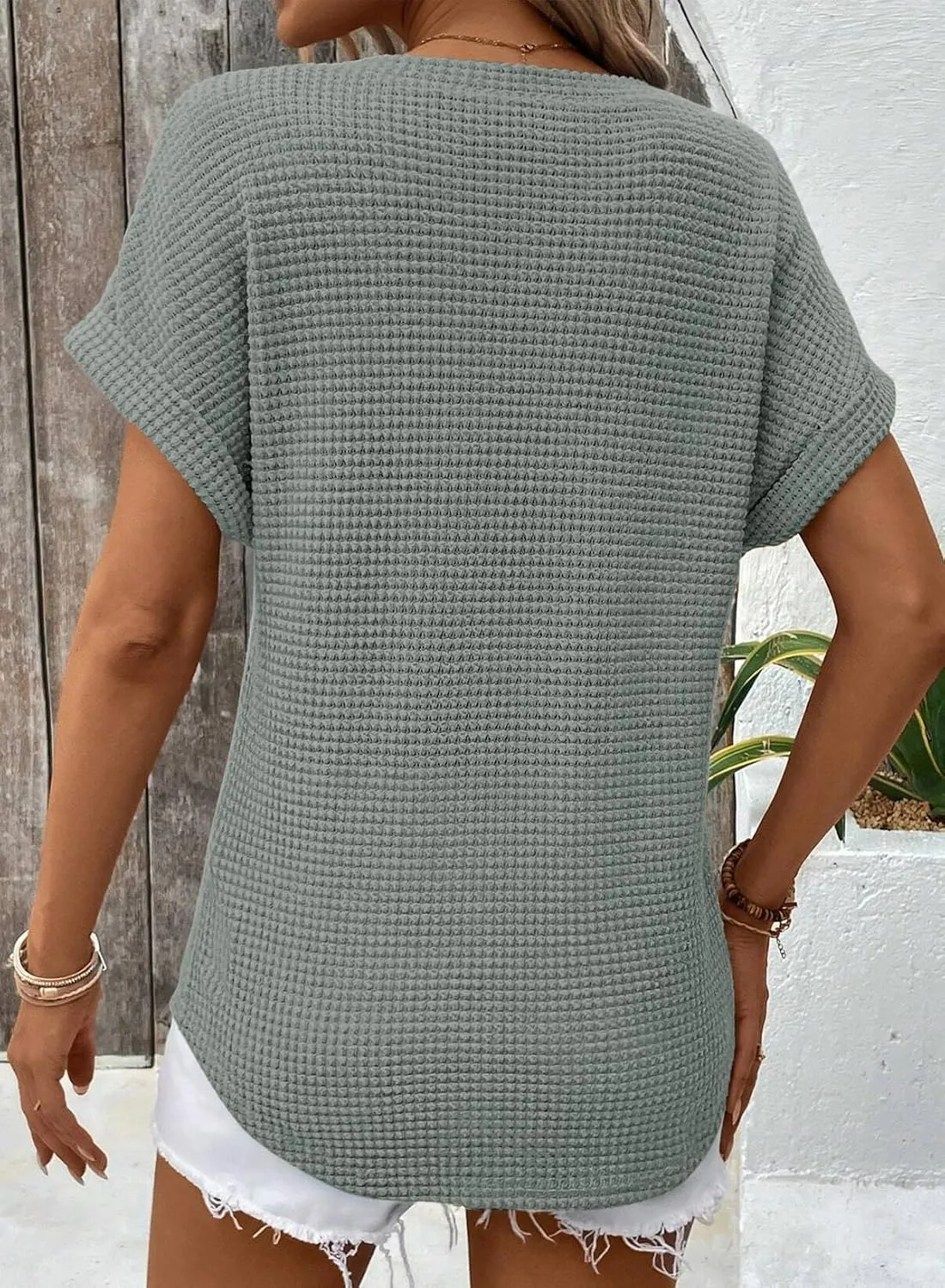 Dokotoo Womens Waffle Knit Tops 2025 Spring Summer V Neck Shirts Casual Trendy Women's Blouses Basic Tee