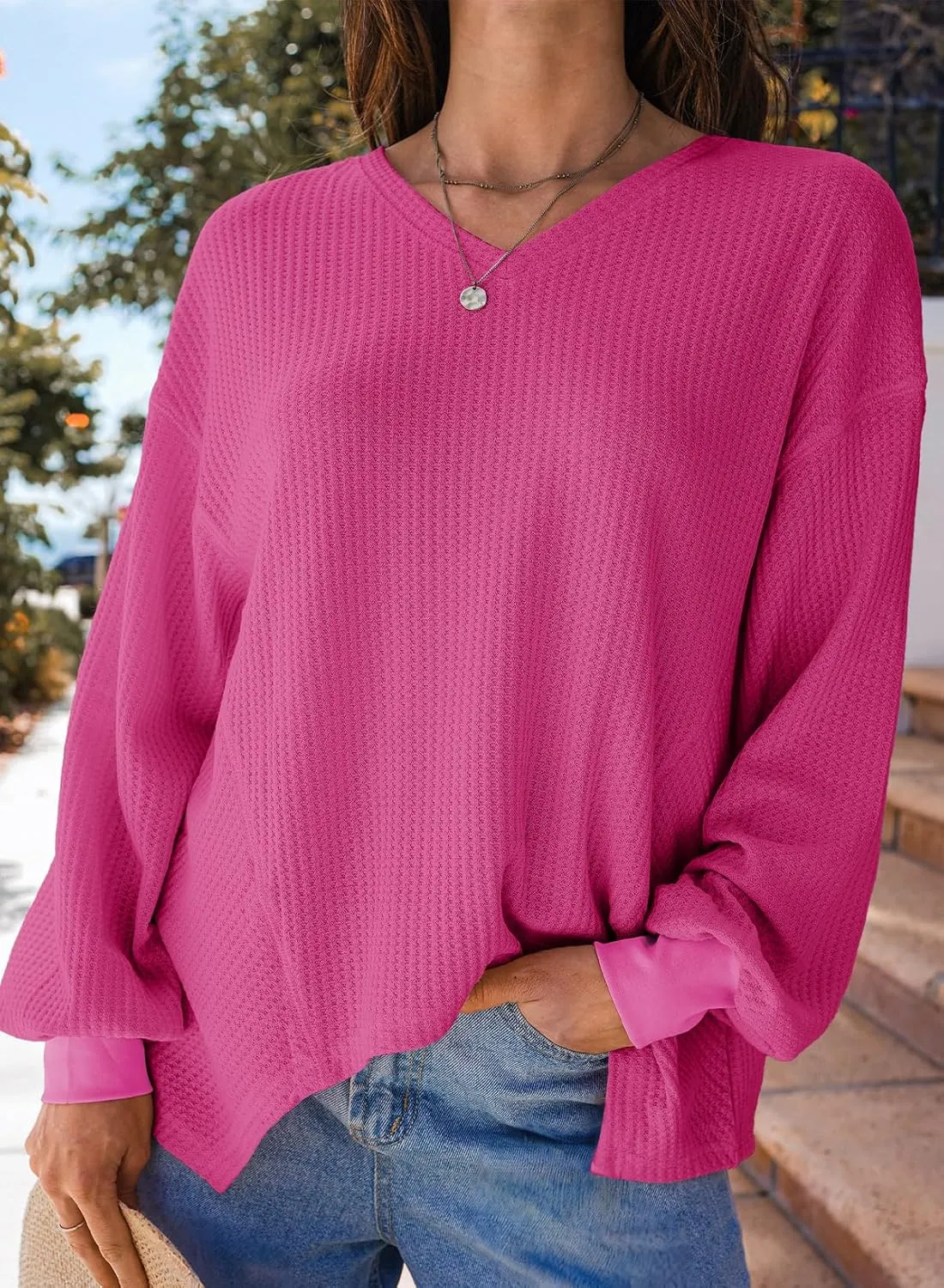 Dokotoo Womens Waffle Knit Tops Fashion 2025 Long Lantern Sleeve Casual Blouses V Neck Oversized T Shirts