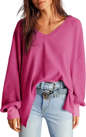 Dokotoo Womens Waffle Knit Tops Fashion 2025 Long Lantern Sleeve Casual Blouses V Neck Oversized T Shirts