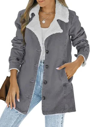 Dokotoo Womens Winter Warm Jean Jacket Stand Collar Wool Liner Sherpa Denim Coats Thicker Outerwear with Pockets
