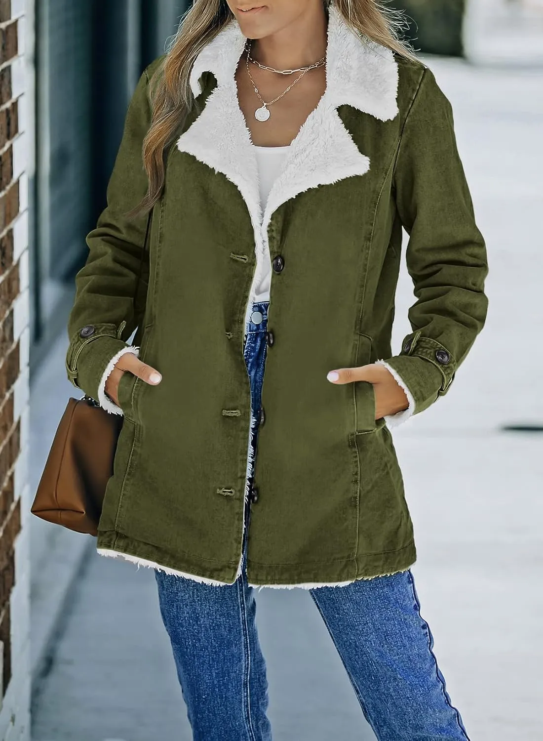 Dokotoo Womens Winter Warm Jean Jacket Stand Collar Wool Liner Sherpa Denim Coats Thicker Outerwear with Pockets
