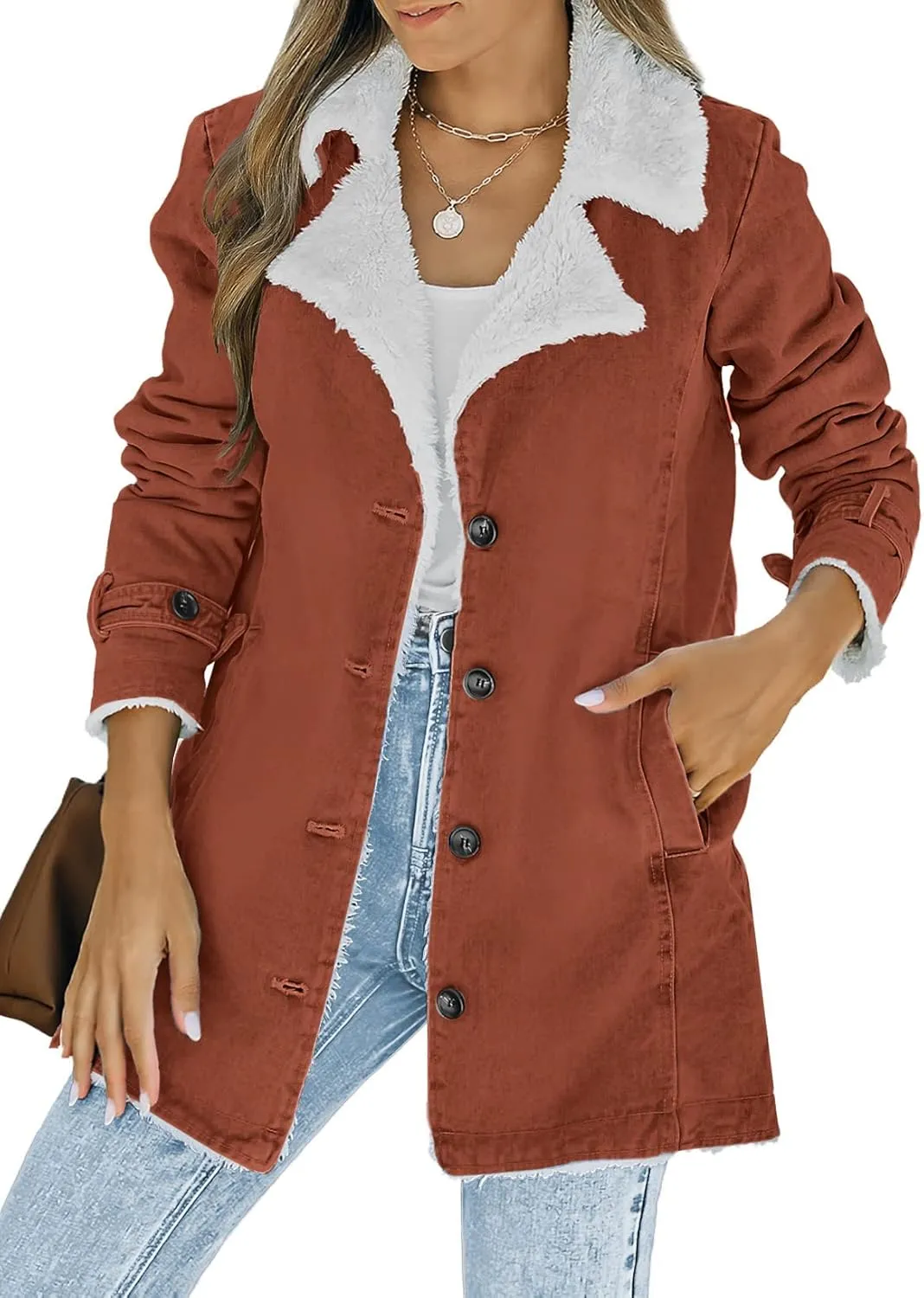 Dokotoo Womens Winter Warm Jean Jacket Stand Collar Wool Liner Sherpa Denim Coats Thicker Outerwear with Pockets