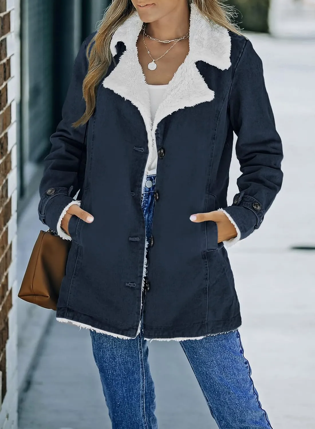 Dokotoo Womens Winter Warm Jean Jacket Stand Collar Wool Liner Sherpa Denim Coats Thicker Outerwear with Pockets